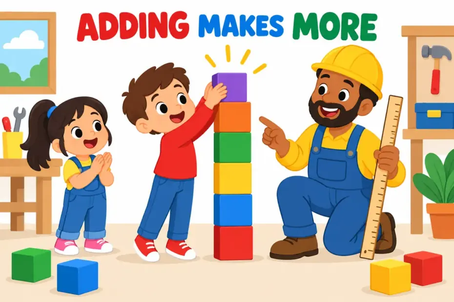 Cartoon builder adds a bright new block to a tall tower, showing augment in a sentence as making something greater.