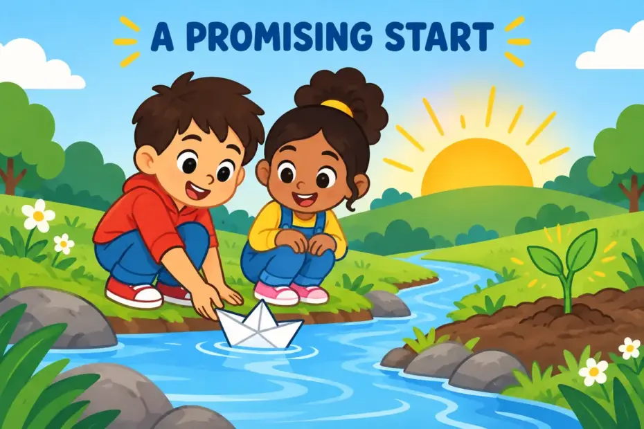 Cartoon children launch a paper boat at sunrise, showing auspicious in a sentence as a promising start.