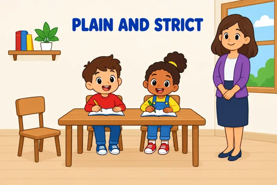 Cartoon children in a bare, tidy room, showing austere in a sentence as plain and strict design.