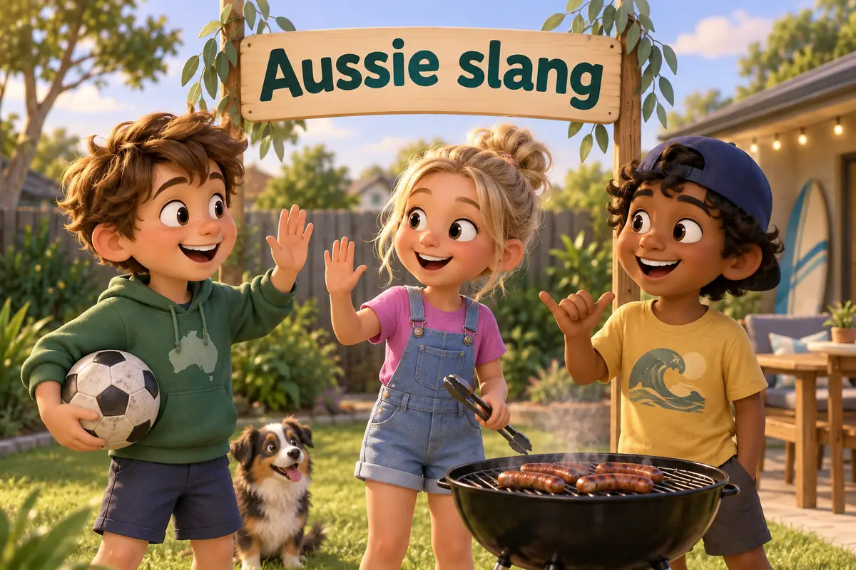 Cartoon children trade Australian slang words and meanings like mate and g'day in a sunny backyard.