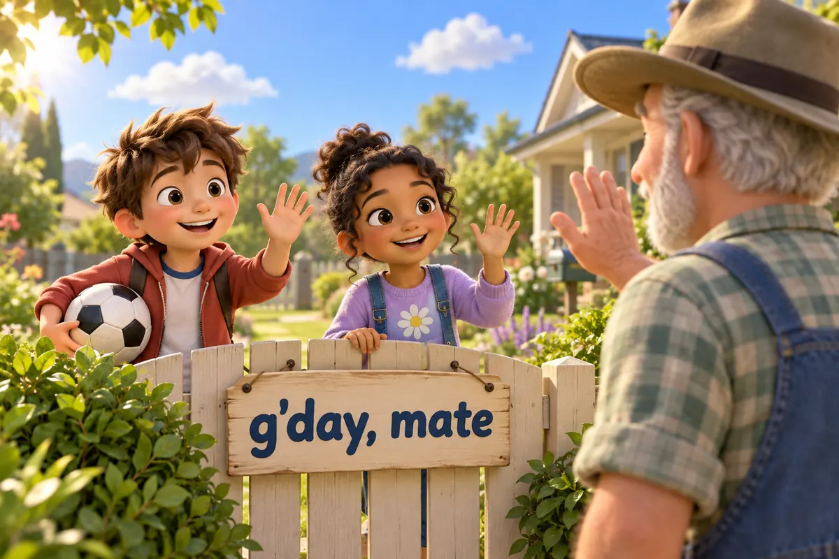 Cartoon children greet each other in an Australian backyard with a short friendly wave.