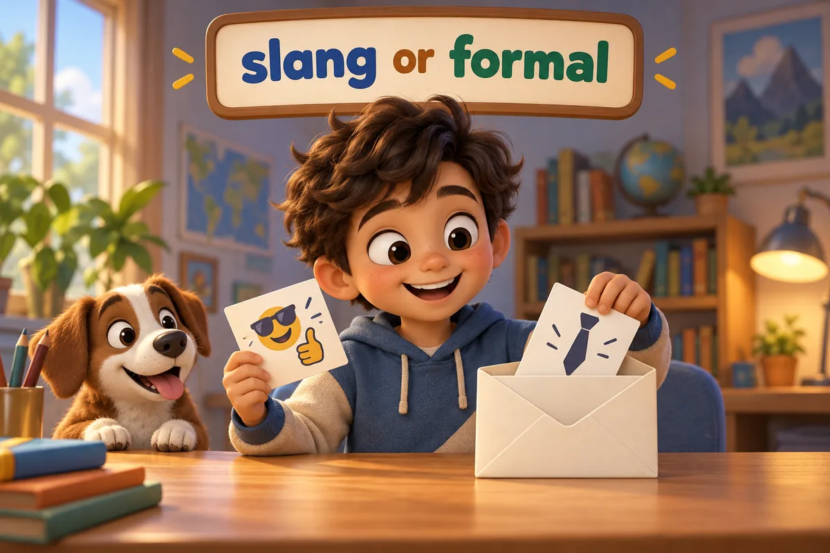 A cartoon child swaps a slang card for a formal card to choose the right register.