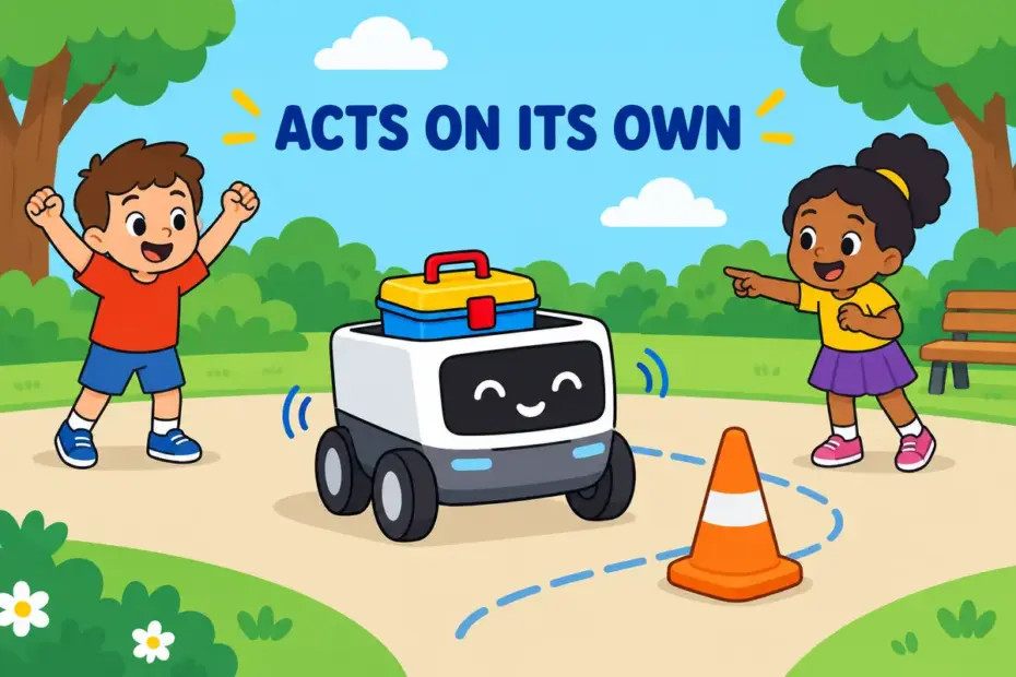 Cartoon children watch a small self-driving cart choose its own path around a playground, showing autonomous in a sentence.