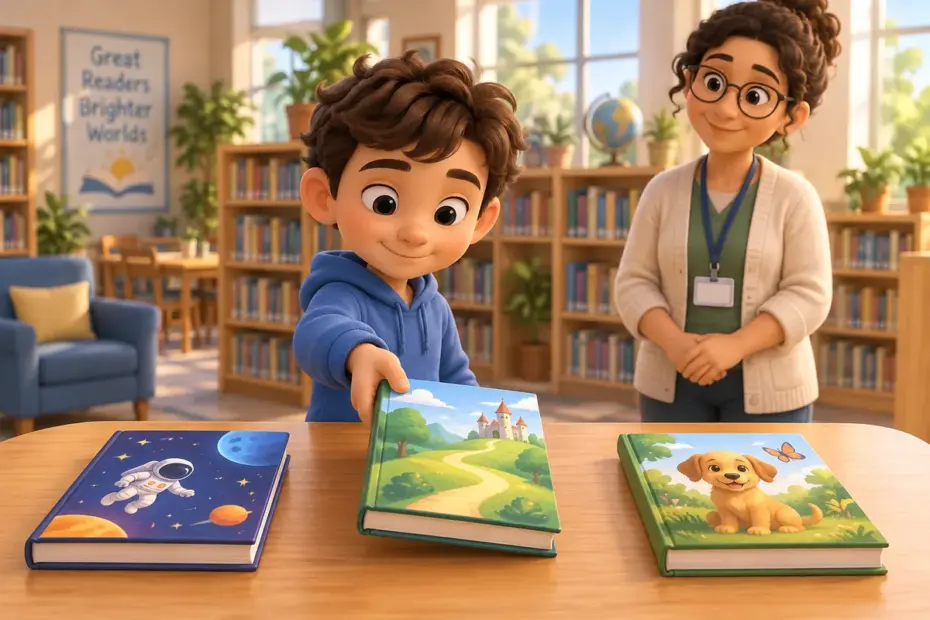 A student chooses a book from several options at a library table.