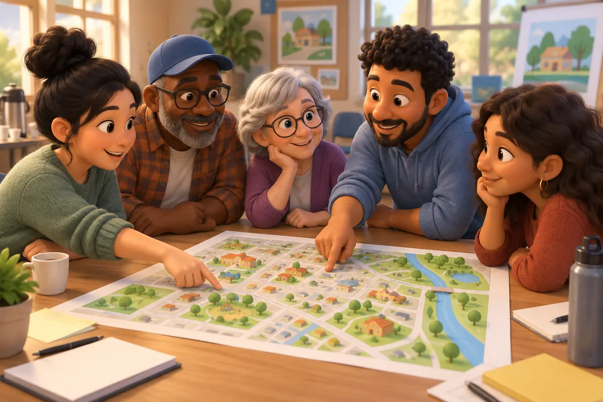 Community members review a local map together at a council table.