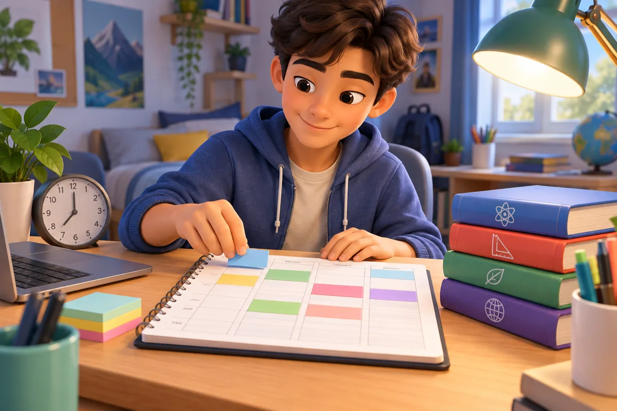 A young person plans a study schedule in an open notebook.