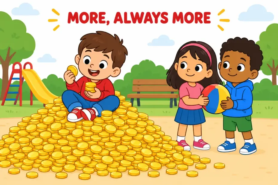 Cartoon children watch a figure pile coins high while ignoring a shared toy, showing avarice in a sentence as excessive greed.