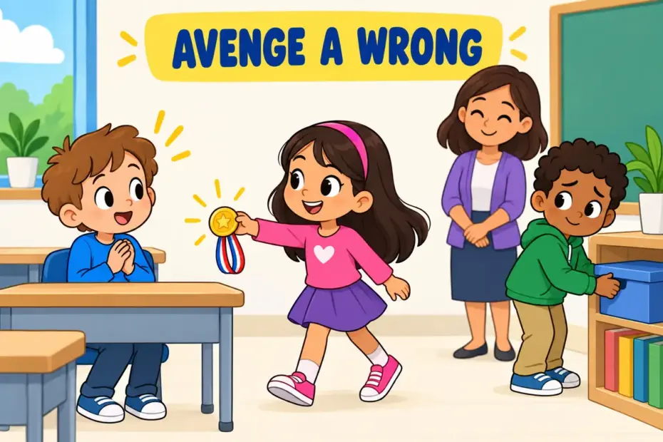 A cartoon girl returns a lost medal to a classmate's desk after another child hid it, showing avenge in a sentence as a wrong put right.