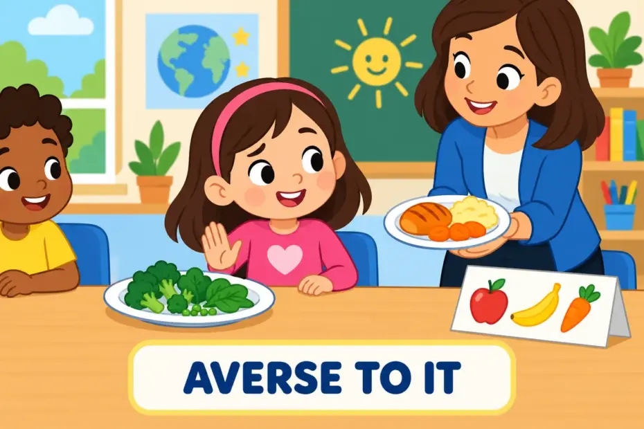A cartoon girl politely pushes away a plate, showing averse in a sentence as a settled unwillingness tied to to.