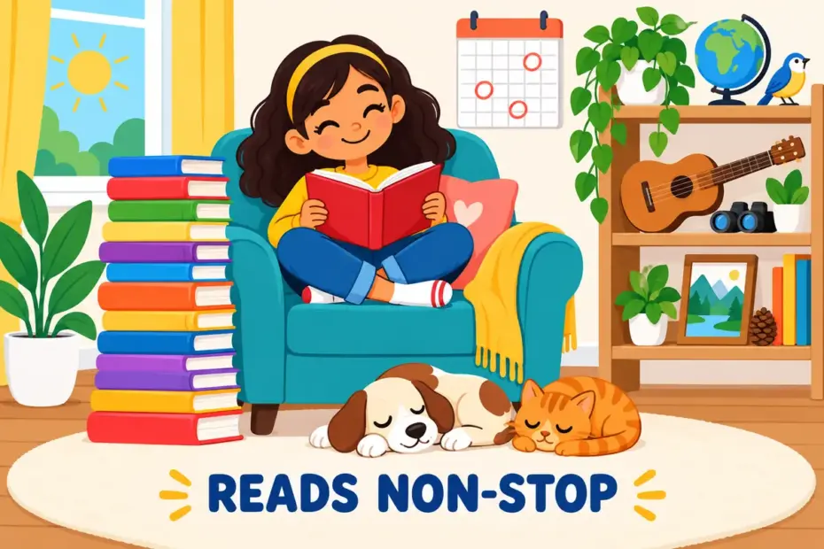A cartoon girl reads a tall stack of books beside an avid hobby shelf, showing avid in a sentence as lasting keenness.