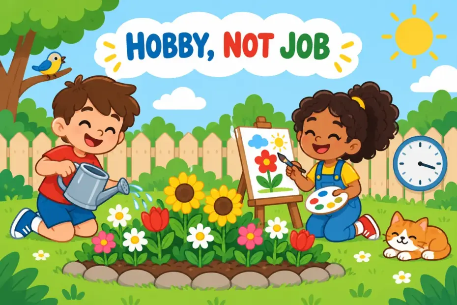 Cartoon children tend a bright garden and paint pictures, showing avocation in a sentence as a hobby pursued for pleasure rather than pay.