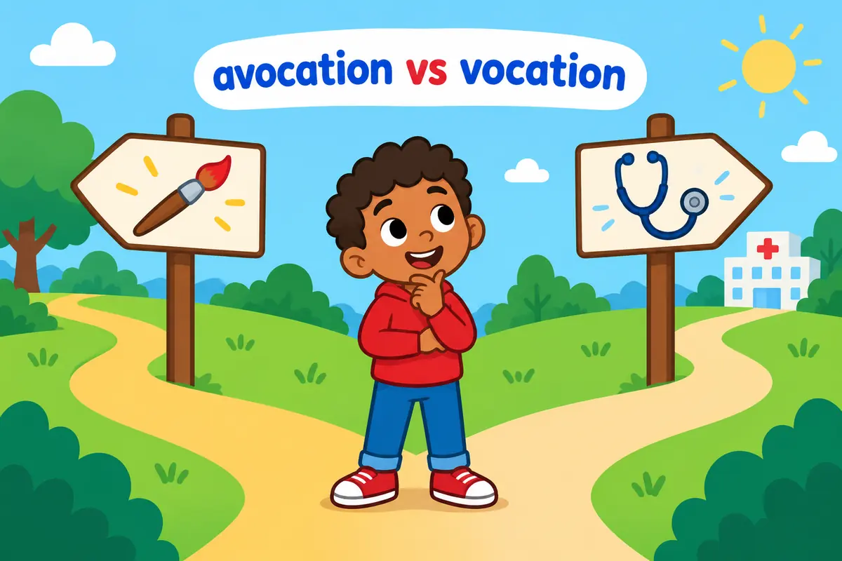 A cartoon child stands between two signposts, one marked with a paintbrush and one with a stethoscope, to show avocation beside vocation.