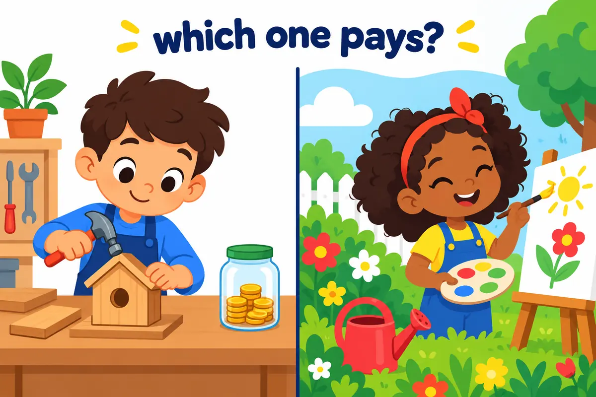A cartoon split scene contrasts a child working for a coin jar with a child happily painting in a sunny garden.