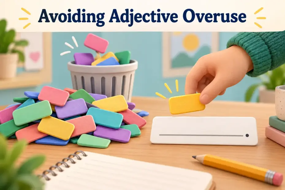 A writer sorts overlapping colorful tiles into one clear sentence card on a tidy desk.
