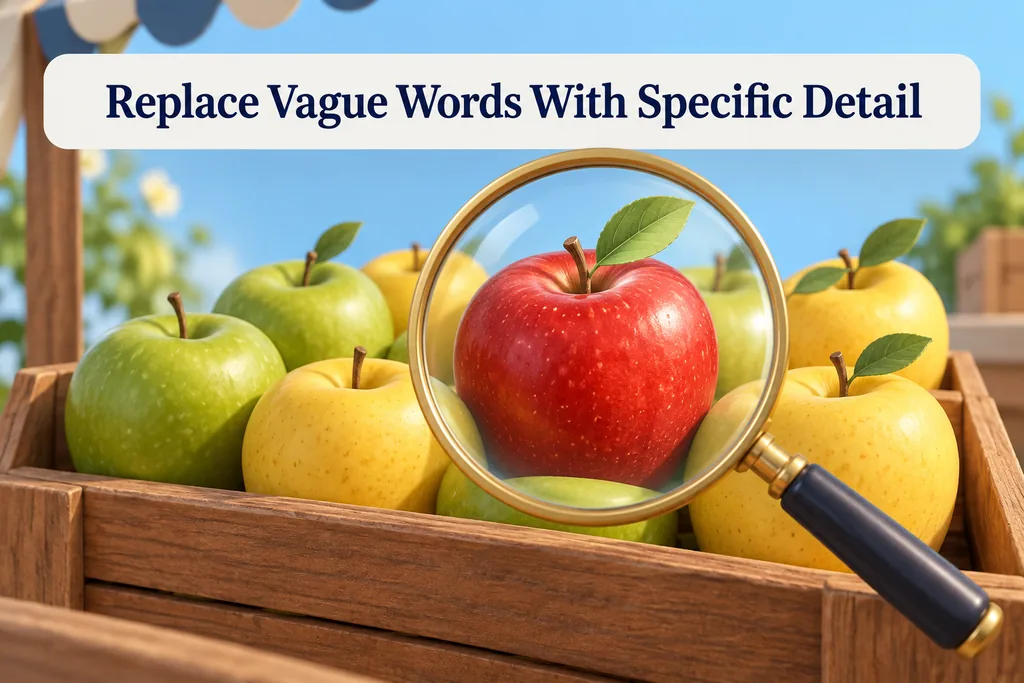 A magnifying glass highlights one specific ripe red apple among similar fruit, illustrating useful detail over vague modifiers.