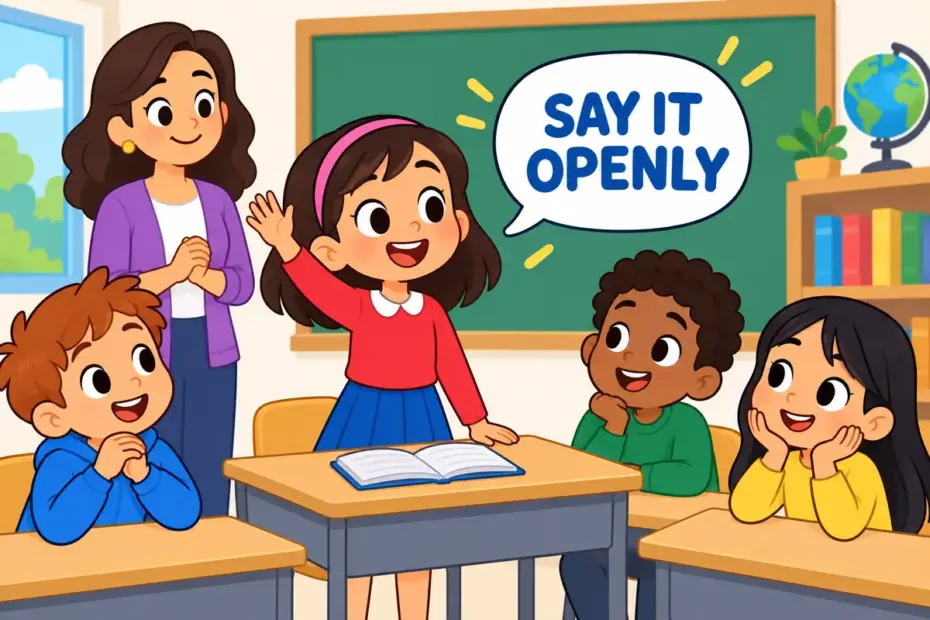 Cartoon pupil stands and speaks openly to the class, showing avow in a sentence as a willing public statement.