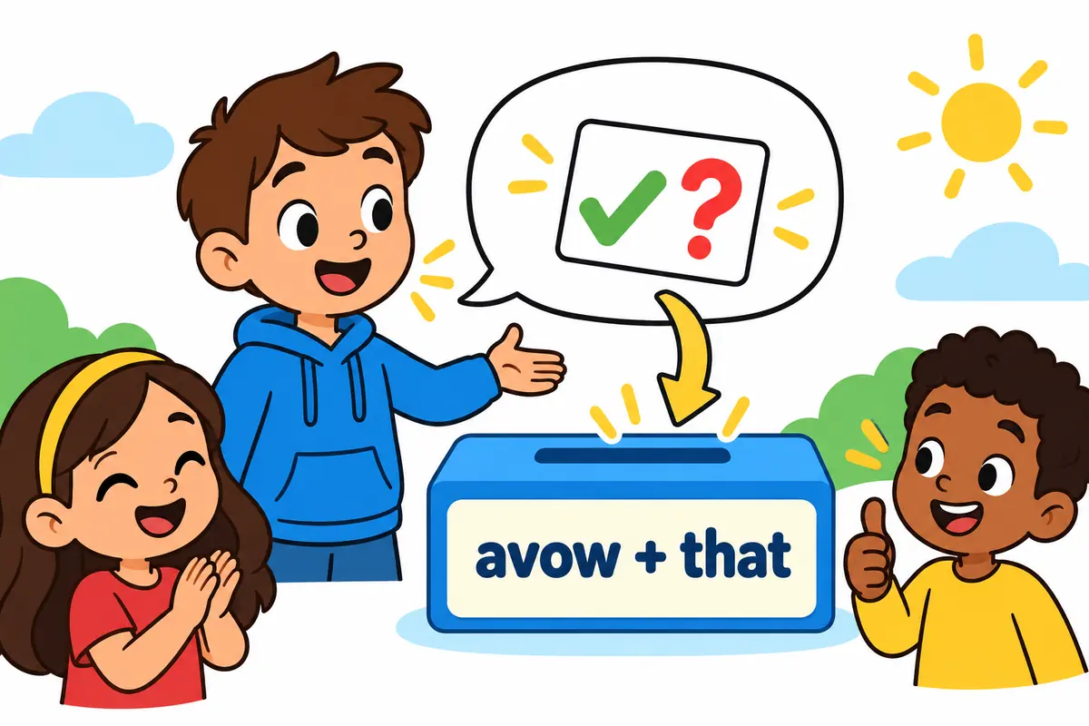 A cartoon child stands and states a fact in a speech bubble while classmates listen, with a that-clause card clipped to the bubble.