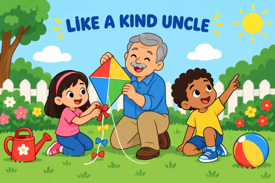 Cartoon children build a kite with a smiling older man, showing avuncular in a sentence as warm uncle-like encouragement.