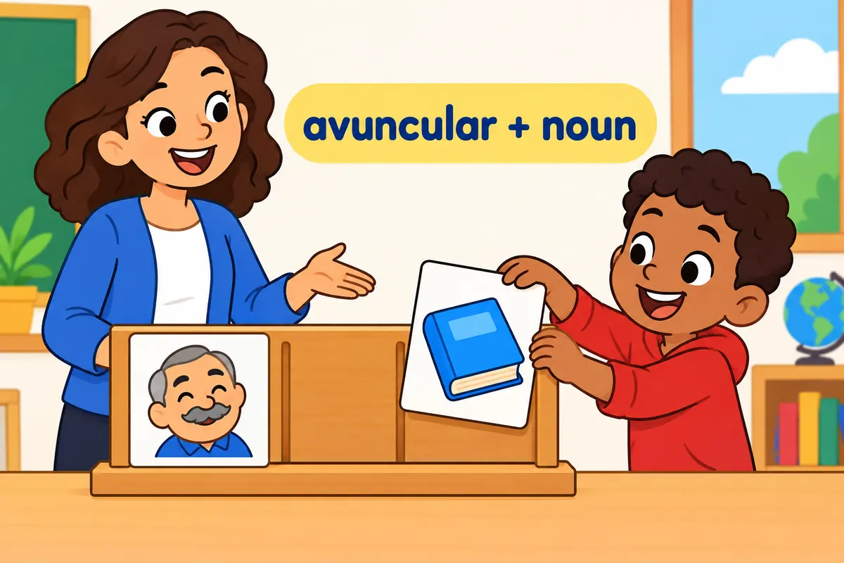 A cartoon word card labelled avuncular slots in front of a smiling teacher card, showing the usual adjective position.