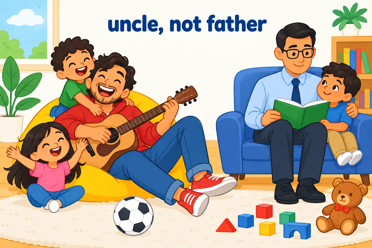 A single unified cartoon scene contrasts a relaxed uncle figure with a more formal father figure, showing avuncular against paternal.