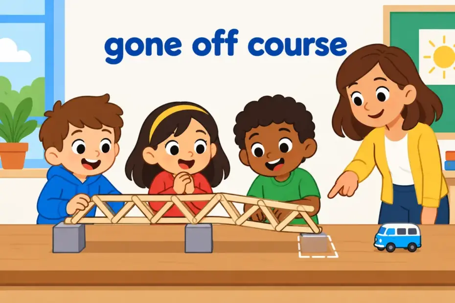 Cartoon children watch a model bridge slip off its mark, illustrating awry in a sentence as a plan gone off course.