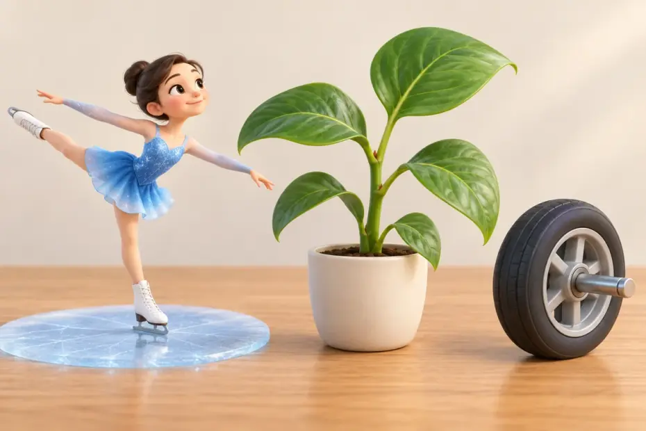 A figure skater, leafy plant, and small wheel illustrate three similar words.