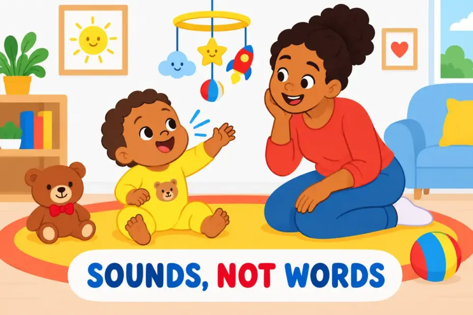 A cartoon baby babbles happily on a rug while a parent smiles, illustrating babble in a sentence as early word-like sounds.
