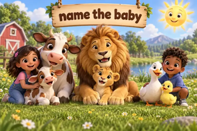 Cartoon baby animal names with pictures: a calf with a cow, a cub with a lion, and a duckling with a duck.