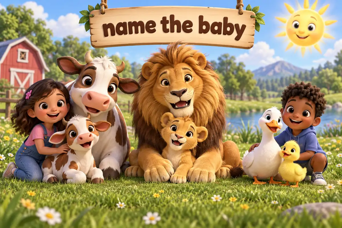 Cartoon baby animal names with pictures: a calf with a cow, a cub with a lion, and a duckling with a duck.