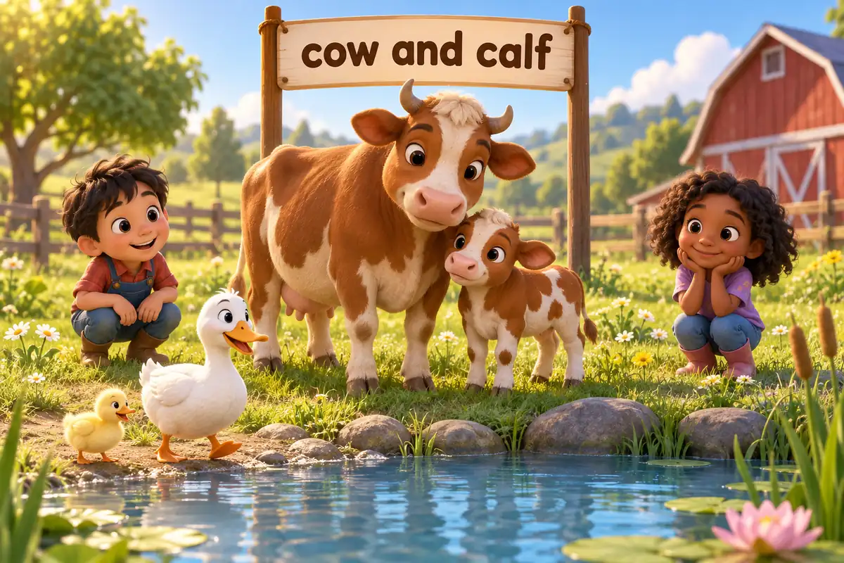 Cartoon farmyard scene pairs a calf with a cow and a duckling with a duck.