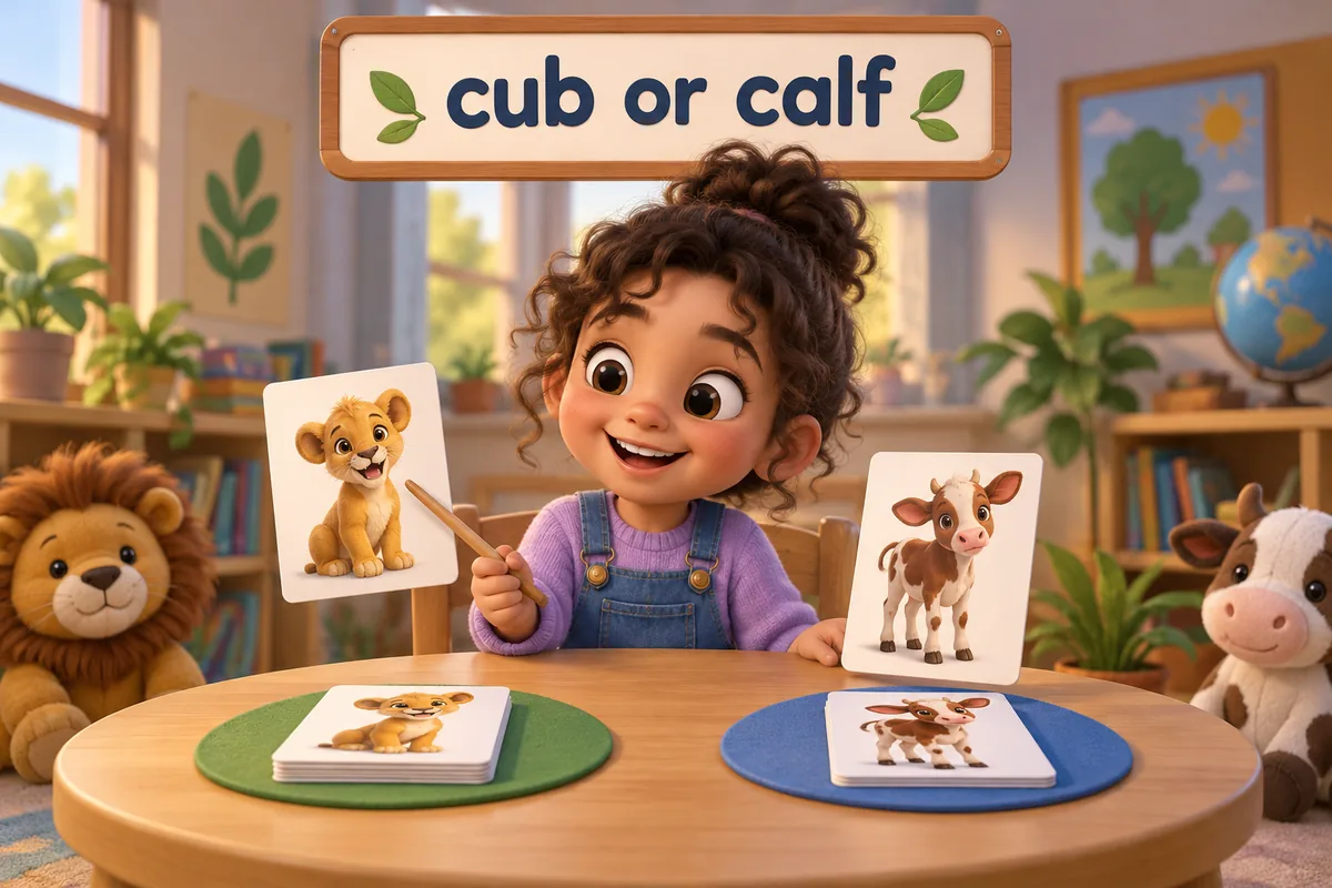 A cartoon learner sorts cards reading cub and calf beside matching animal pictures.