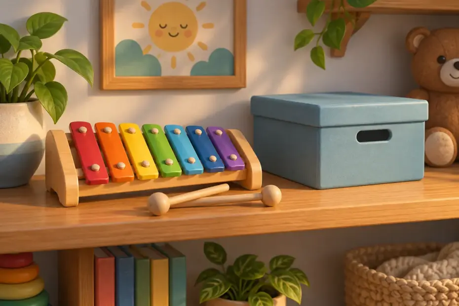 A simple toy xylophone rests on a shelf beside a closed storage box.
