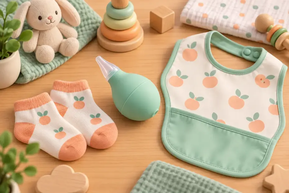 An aspirator, small socks, and a feeding bib lie on a tidy nursery table.