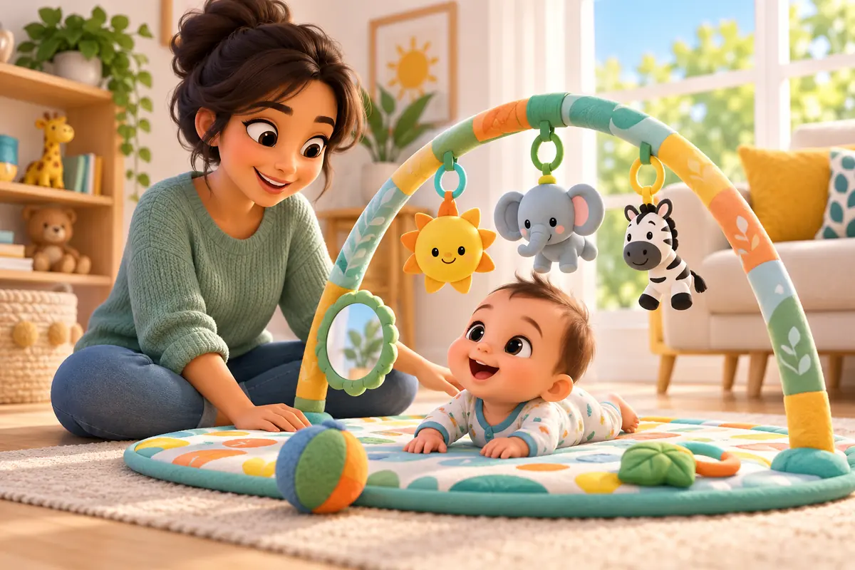 A caregiver supervises a baby playing on a floor activity gym.