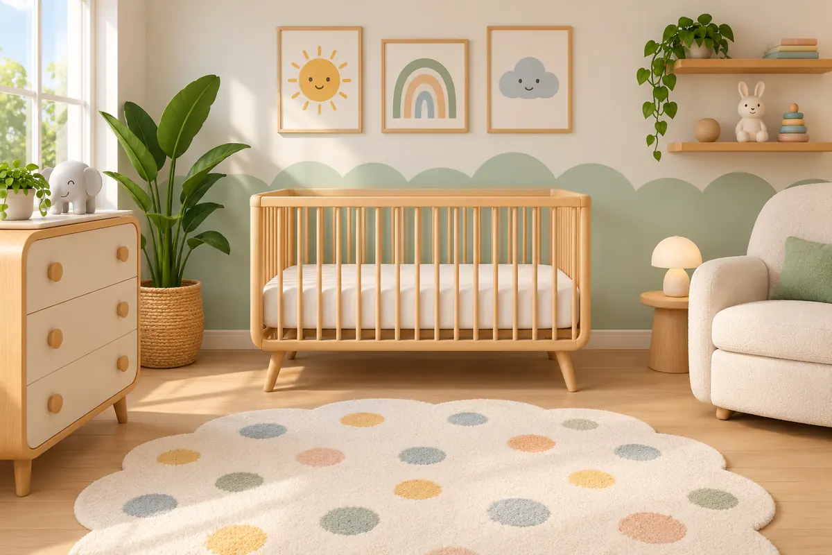 An empty crib with a fitted sheet stands in a tidy nursery.