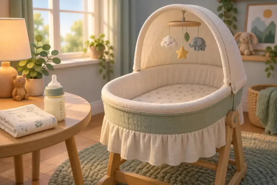 A feeding bottle and folded burp cloth rest beside an empty bassinet.
