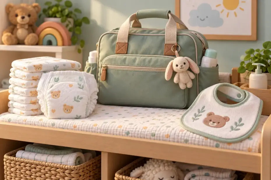 Diapers, a diaper bag, and a drool bib sit on a changing shelf.