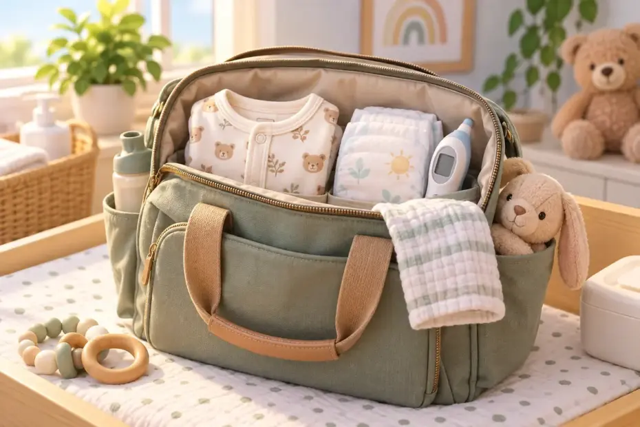 A diaper bag holds an extra outfit, diaper, thermometer, and burp cloth.