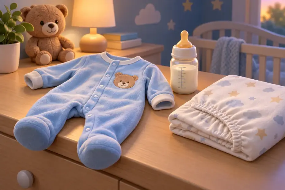 Footed baby pajamas lie beside a feeding bottle and folded fitted sheet.
