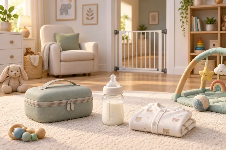 A calm nursery scene includes a clear feeding bottle, folded baby gown, play gym, travel case, and safety gate across a doorway.