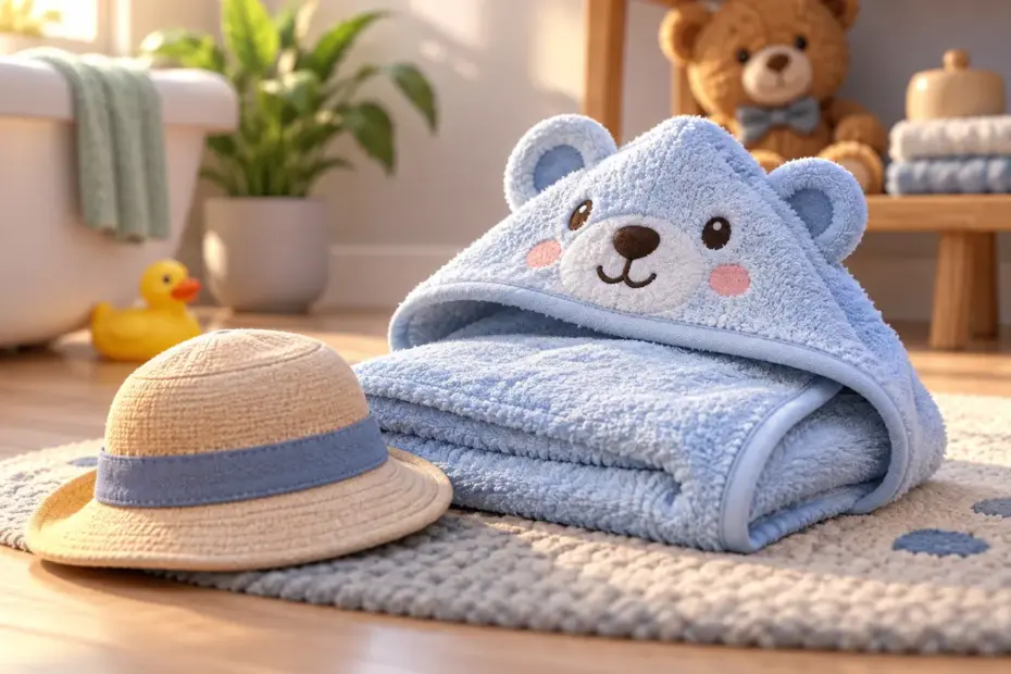 A small hat lies beside a folded hooded towel.