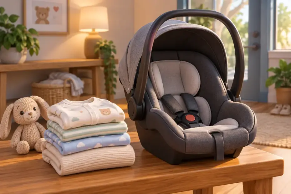 Folded infant clothing rests beside an empty infant car seat.