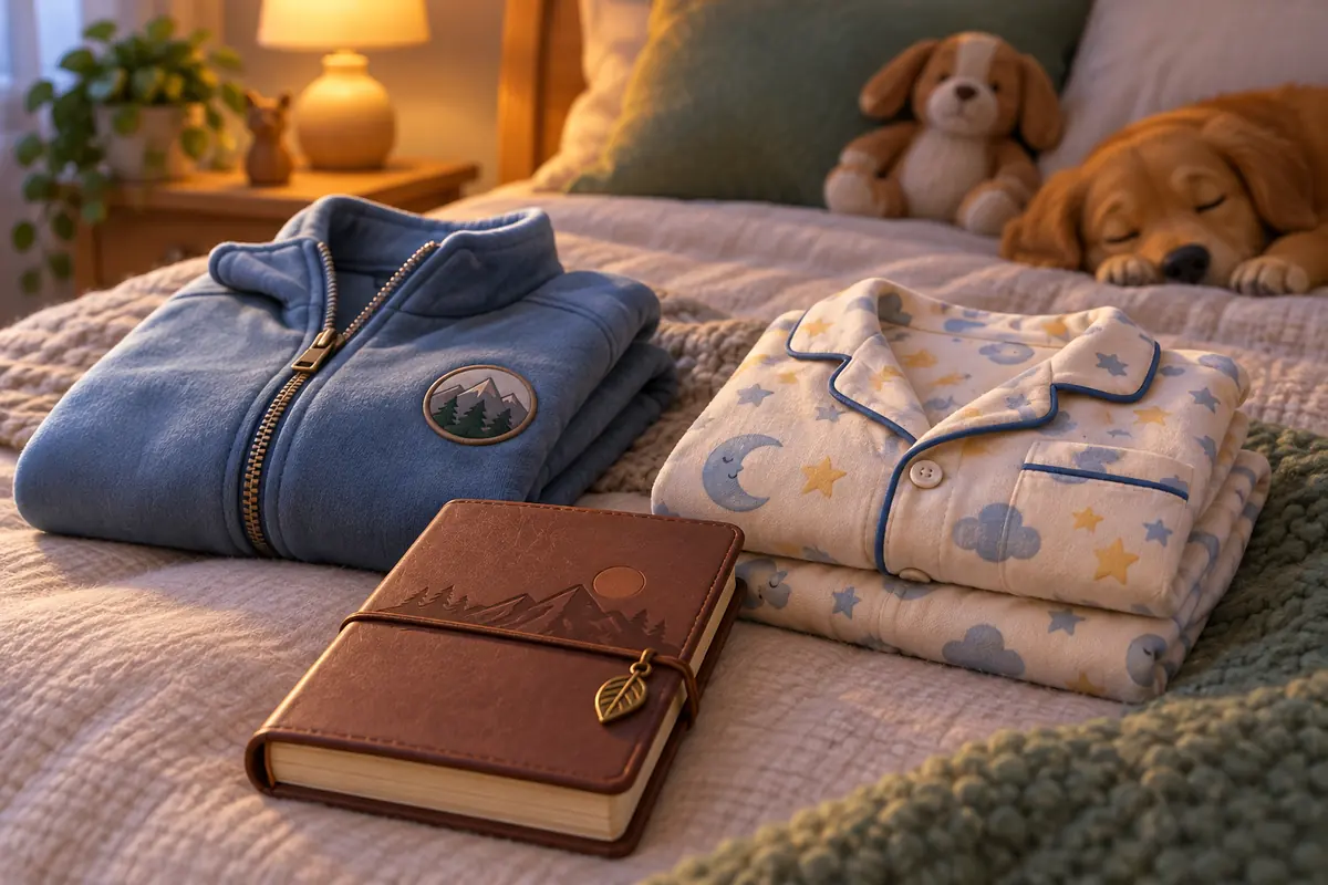 A small jacket and pajamas are folded beside a keepsake journal.