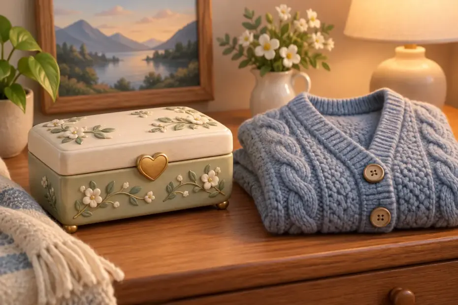 A keepsake box sits beside a folded knitted cardigan.
