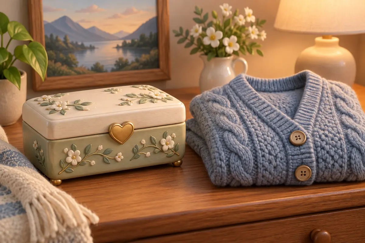 A keepsake box sits beside a folded knitted cardigan.