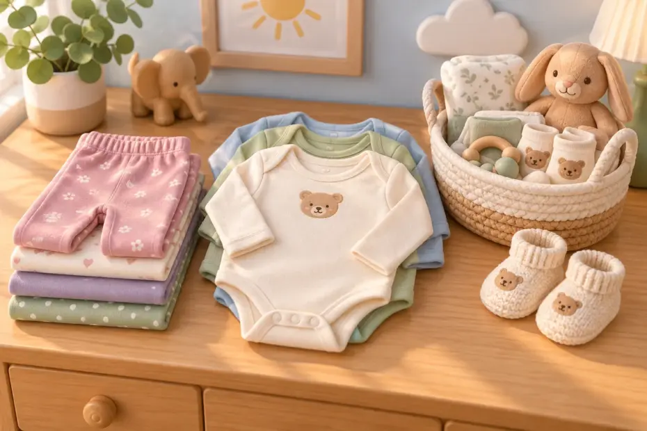 Folded baby leggings and long-sleeved bodysuits form a layette.