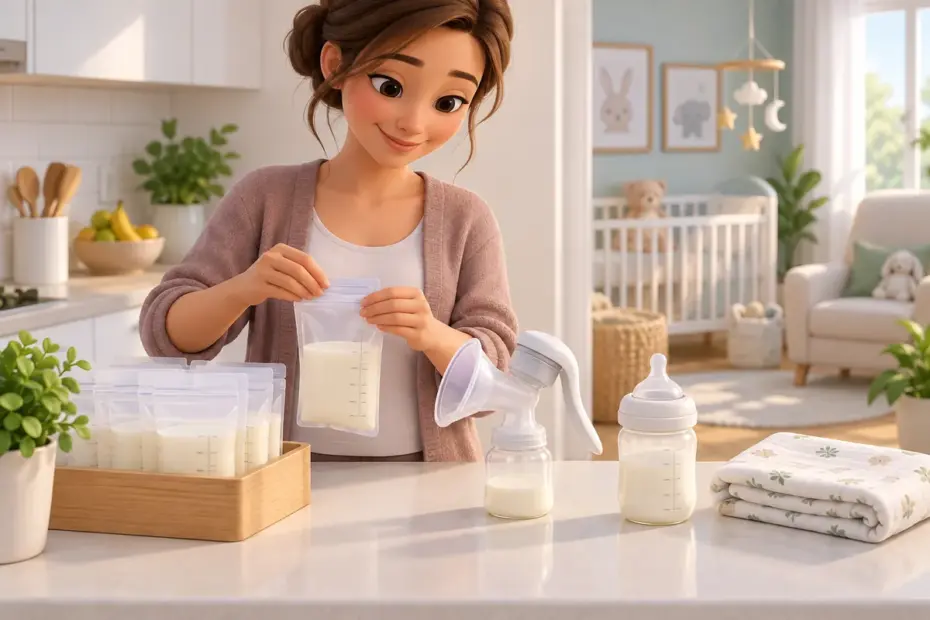 A caregiver organizes breast-milk storage bags, a manual pump, bottles, and a folded muslin cloth on a clean counter.