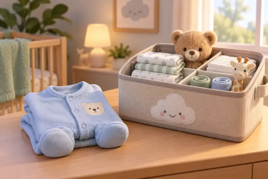 Folded one-piece baby clothing rests beside a storage organizer.