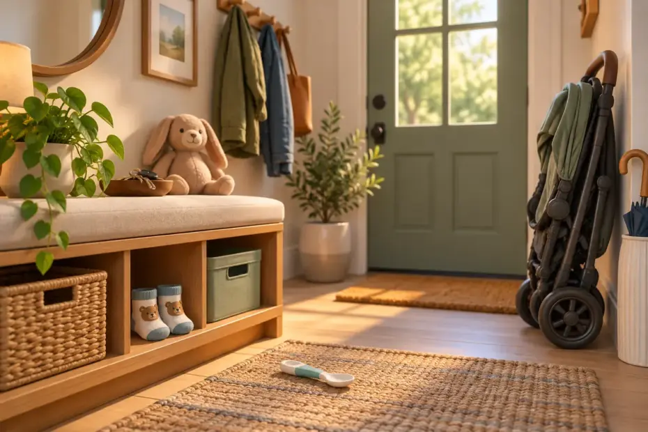 Small socks, a baby spoon, and a folded stroller stand in a tidy entryway.
