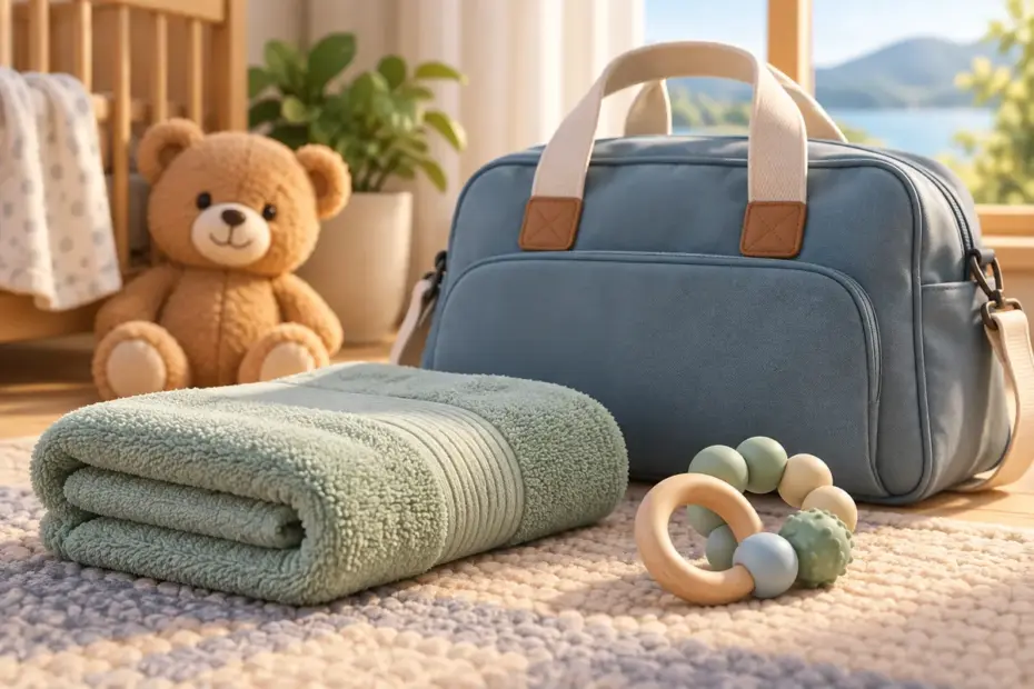 A folded towel lies beside a plain teething ring and travel bag.